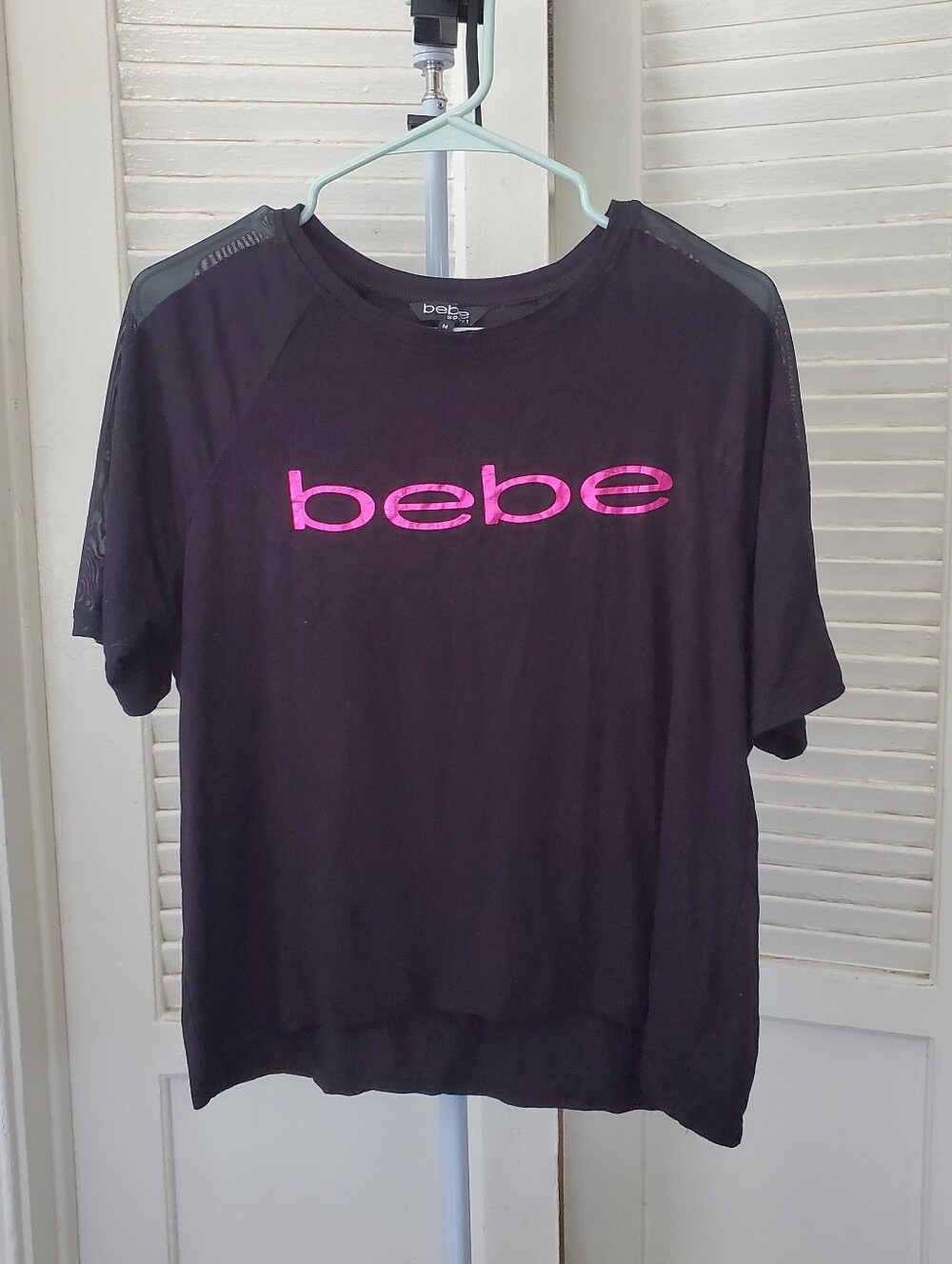 Bebe Sport Black Pink Foil Logo Mesh Sleeves Blouse Size M